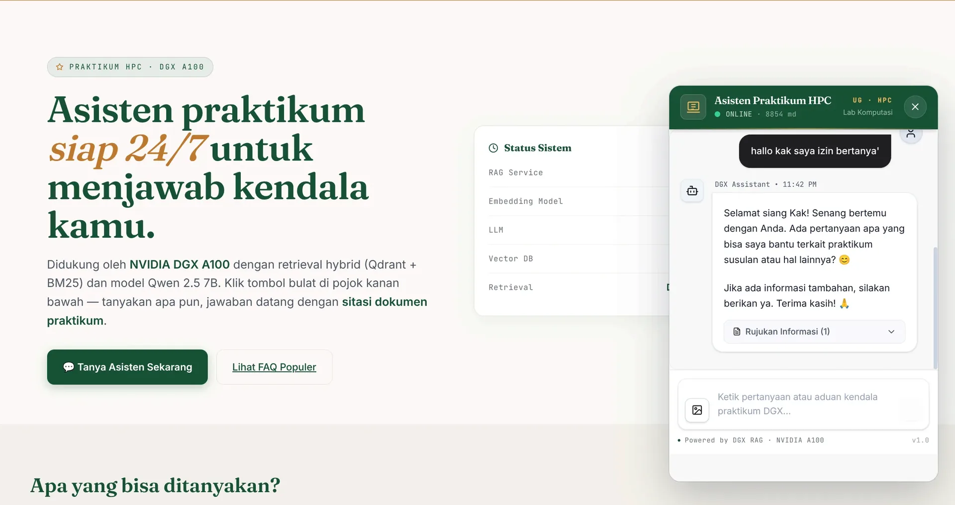 DGX Chatbot interface displaying the assistant ready to answer student questions